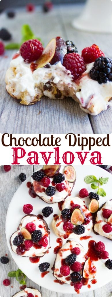 Chocolate Dipped Mini Pavlova | Make this easy recipe for pavlova nests filled with vanilla whipped cream, fresh fruit and raspberry sauce as a romantic dessert for Valentine's Day or any other party! |www.twopurplefigs.com| #easy, #fruit, #pavlova, #meringue, #valentinesday, #australian, #romatic, #light, 