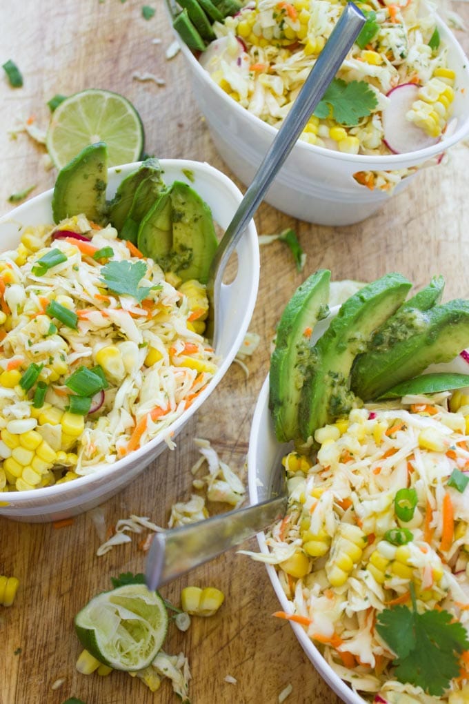 Corn Coleslaw Recipe with cabbage, corn, radish, avocado, lime and cilantro