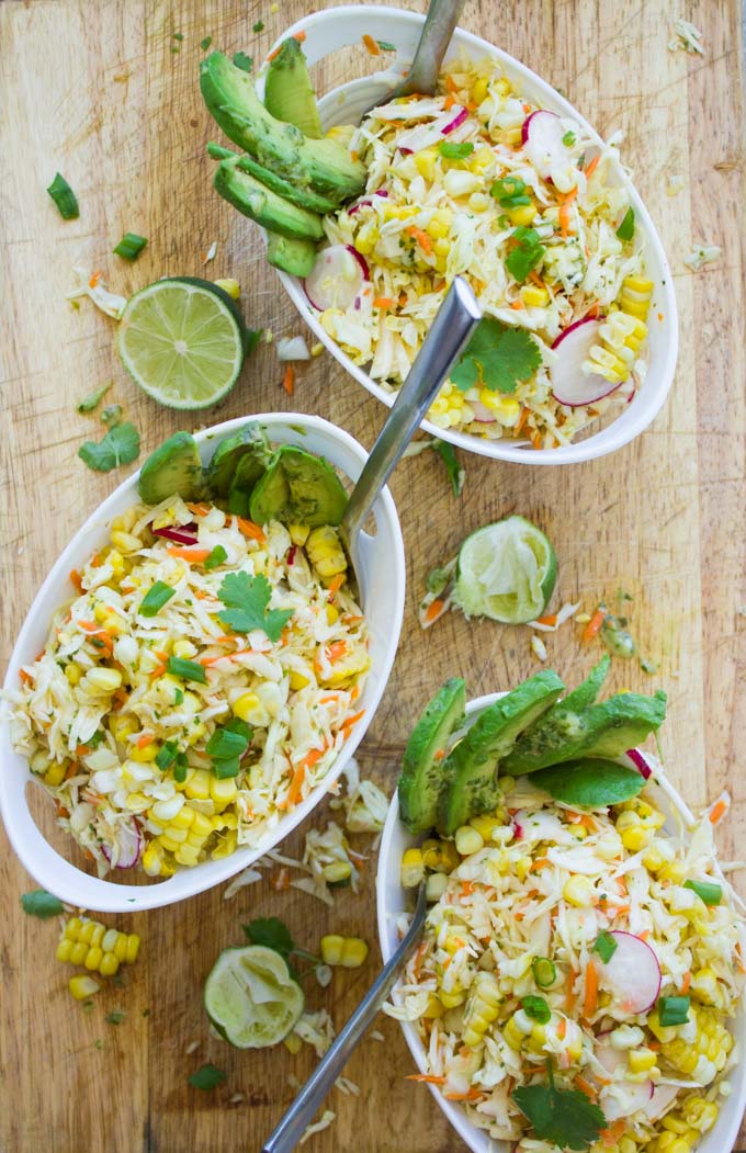 Corn Coleslaw Recipe with cabbage, corn, radish, avocado, lime and cilantro