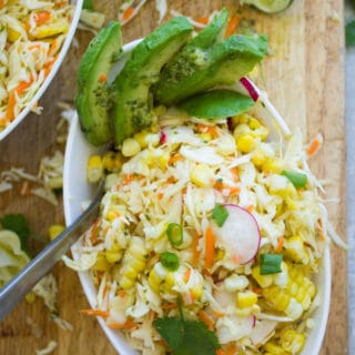 Corn Coleslaw Recipe with cabbage, corn, radish, avocado, lime and cilantro