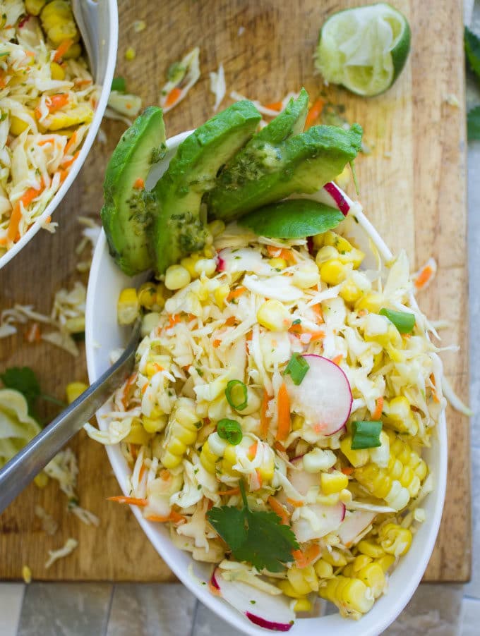 Corn Coleslaw Recipe with cabbage, corn, radish, avocado, lime and cilantro