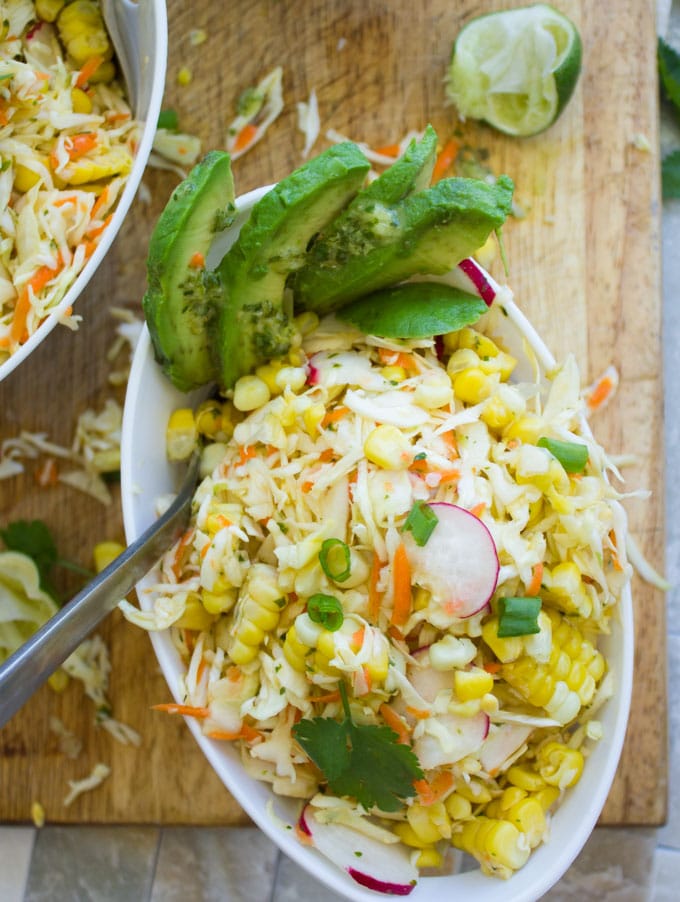 Corn Coleslaw Recipe with cabbage, corn, radish, avocado, lime and cilantro