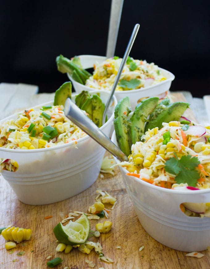 Corn Coleslaw Recipe with cabbage, corn, radish, avocado, lime and cilantro