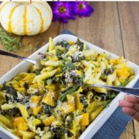 Easy Baked Pasta with Roasted Pumpkin, Kale & Mushrooms