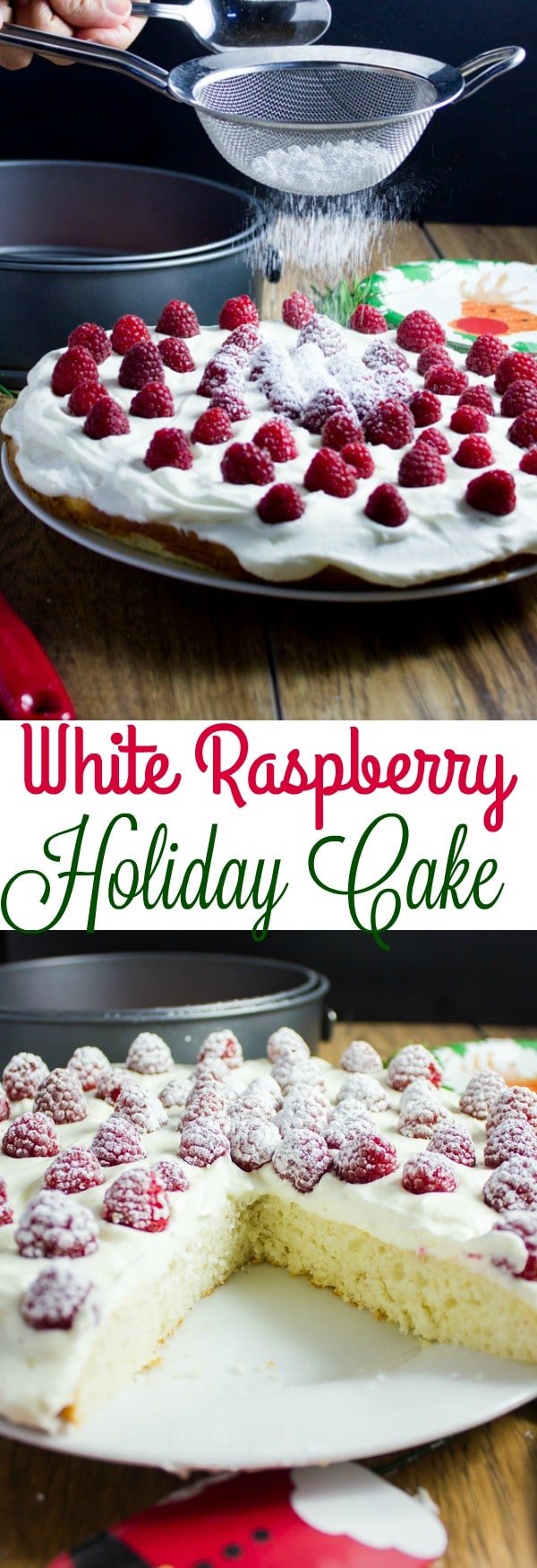 White Vanilla & Raspberry Holiday Cake This tried-and-tested recipe for Fluffy White Vanilla and Raspberry Holiday Cake with Vanilla Whipped Cream has been a family favourite for decades and never disappoints! It's the perfect proof that Festive Holiday Baking does not have to be complicated and time-consuming! #holidaybaking, #Christmasbaking, #cakerecipes, #simple, #easy,