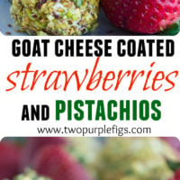 Goat Cheese Coated Strawberries with Pistachios | This easy healthy finger food recipe is perfect for festive occasions that require light bite sized snacks. | www.twopurplefigs.com | #healthy, #cleaneating, #appetizer, #pistachios, #glutenfree, #valentinesday