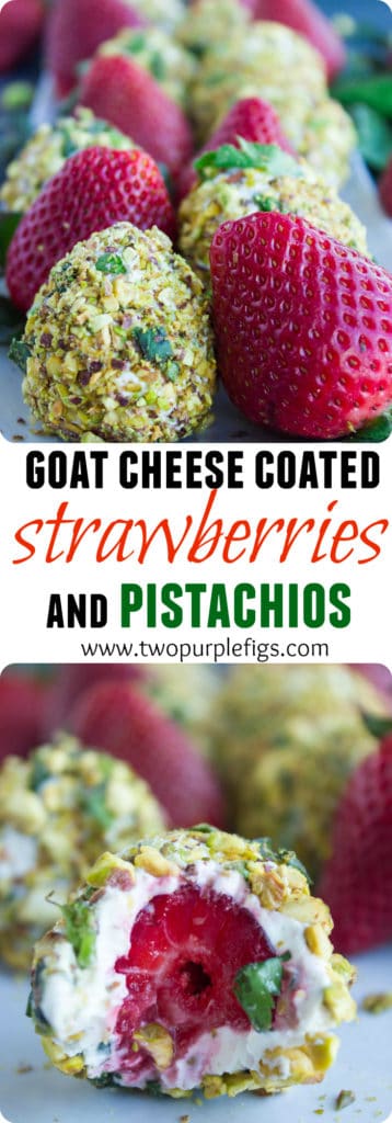 Goat Cheese Coated Strawberries with Pistachios | This easy healthy finger food recipe is perfect for festive occasions that require light bite sized snacks. | www.twopurplefigs.com | #healthy, #cleaneating, #appetizer, #pistachios, #glutenfree, #valentinesday 