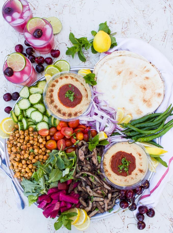 Platter of shawarma, hummus and other ingredients