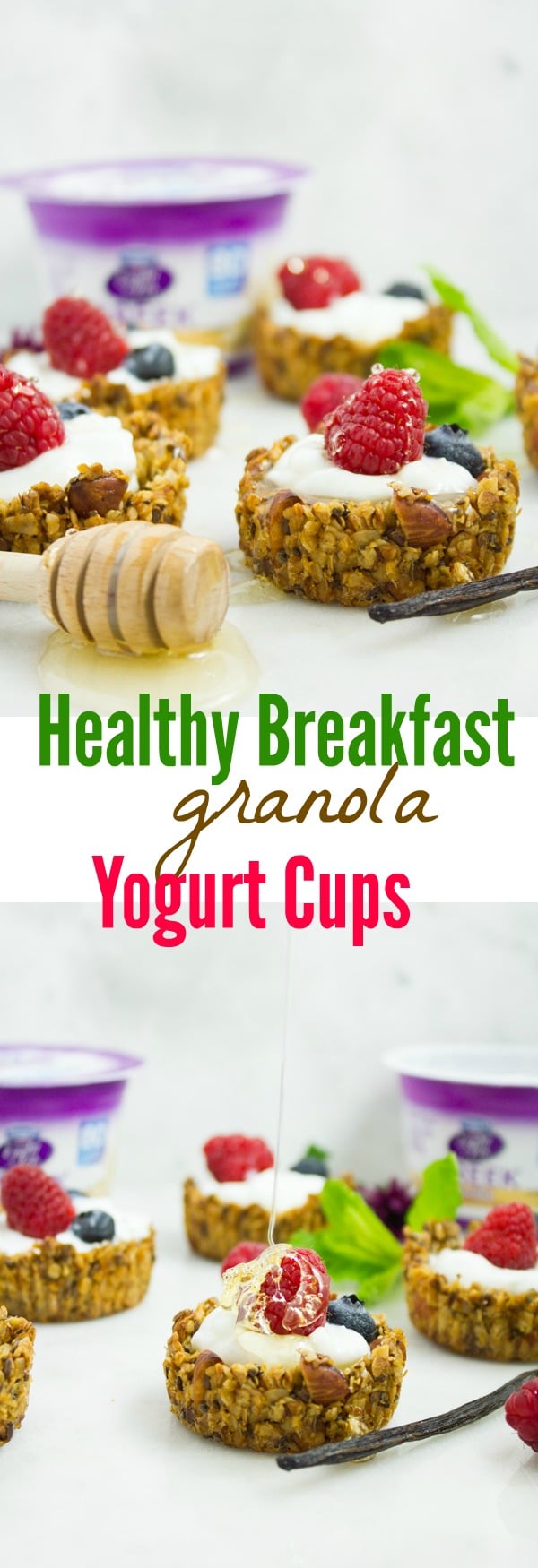 Healthy Breakfast Granola Yogurt Cups | What better way to start your day than with these cute homemade Breakfast Granola Cups filled with creamy Greek Yogurt and topped with your favorite fruits and nuts! A healthy yet decadent bite sized breakfast treat your whole family will LOVE! #brunch, #breakfast, #bitesized, #buffet, #yogurt, #healthy