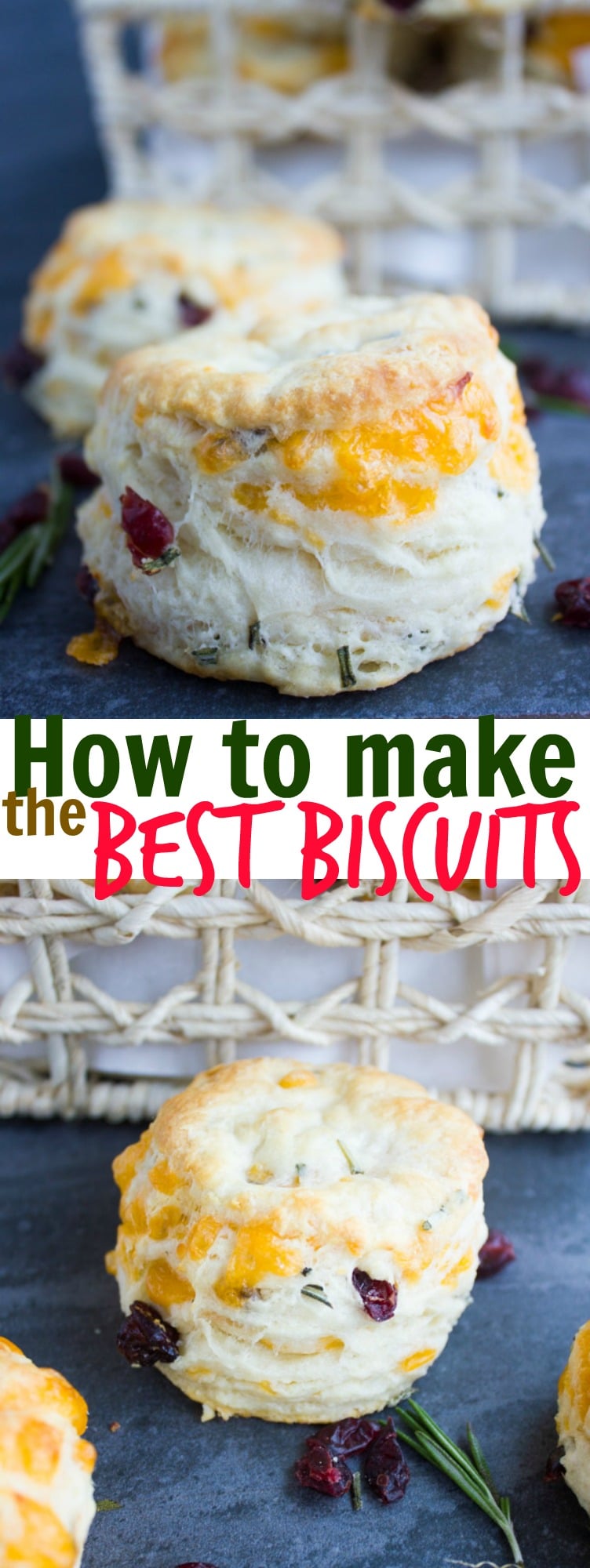 Learn how to make biscuits at home using my simple step-by-step recipe and folding technique! Studded with cranberries, rosemary and cheddar, these homemade buttermilk biscuits make for the perfect side for Thanksgiving dinner or brunches! #biscuits, #thanksgiving, #easy, #tutorial, #baking, #buttermilk, #brunch, #breakfast, #holidays
