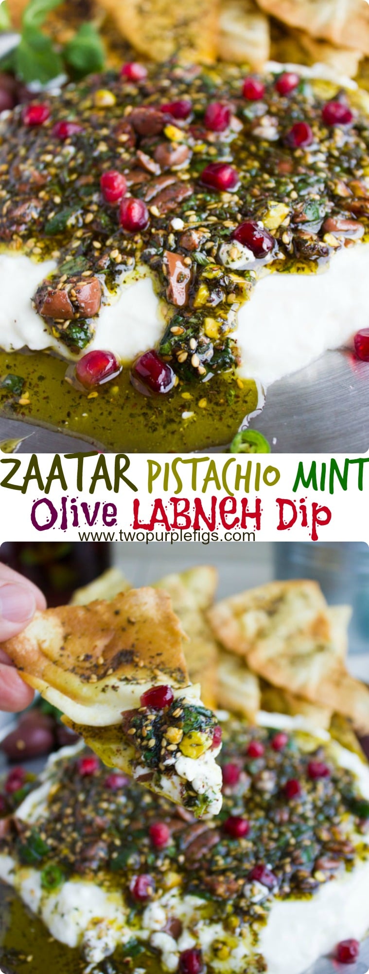 You simply cannot miss out on this Mediterranean Labneh Dip with Zaatar Pistachio Mint Olive Topping! Sprinkled with fresh pomegranate seeds and served with zaatar pita chips - this easy labneh dip is the perfect appetizer or can be served as part of a mezze platter! #appetizer, #middleeasternfood, #partyfood, #dips