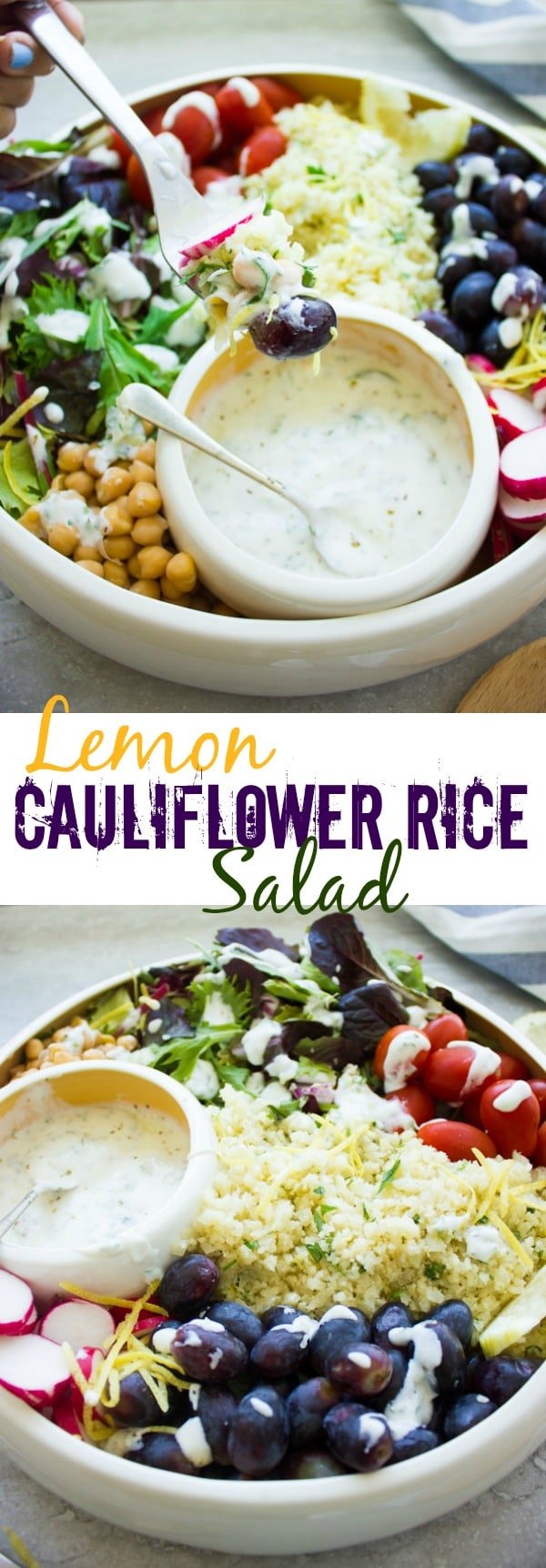This Lemon Cauliflower Rice Salad with Yogurt Dressing recipe is a healthy, protein-packed and satisfying salad. Serve it as a light lunch on its’ own, as a starter, or a low-carb side for a healthy dinner. #saladrecipes, #cauliflowerrice, #cleaneating, #healthysalad