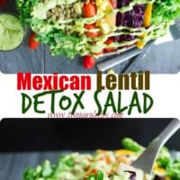 Mexican Lentil Detox Salad | This easy salad with mangoes, soybeans, cabbage, kale, corn and apple slices is just what the doctor ordered! Serve this easy Mexico-inspired salad with my Green Goddess Guacamole Dressing for a healthy, vegan or paleo meal. | www.twopurplefigs.com | #vegan, #salad, #Mexican, #paleo, #detox, #cleaneating, #easy, #mealprep