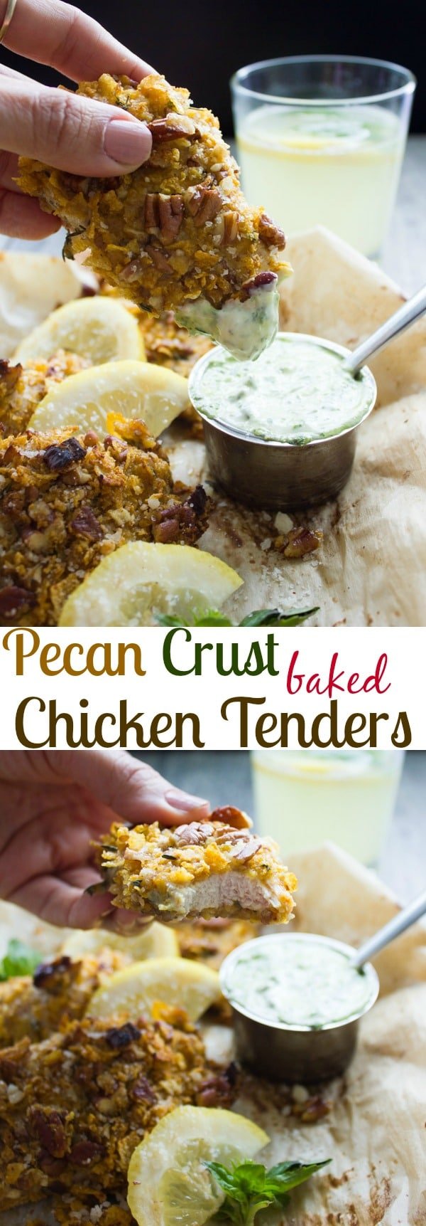 Pecan-Crusted Baked Chicken Tenders - these baked chicken fingers are super crispy and full of toasty, nutty flavor. They're so easy to make and taste just as good as fried chicken tenders - but are so much healthier! Serve them with my homemade basil dip for a perfect chicken dinner or as an appetizer to share with friends! #chicken, #dinner, #baked, #crusted, #easy, #dip, #crunchy, #coated,