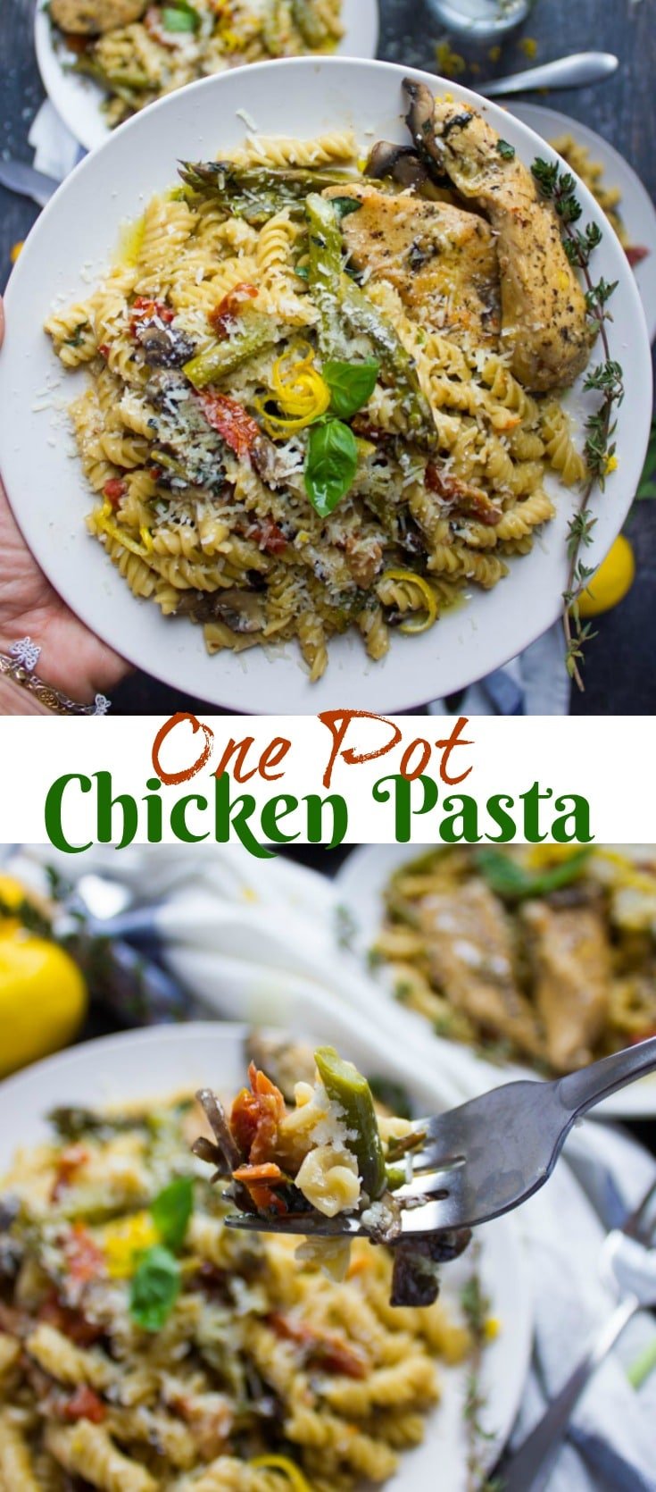 This quick, One-Pot Chicken Pasta Dinner is loaded with fresh veggies and packs a good serving of protein from the succulent chicken. The best part: it comes together in just 10 minutes of cooking time! #chickenpasta, #onepotpasta, #instantpotpasta