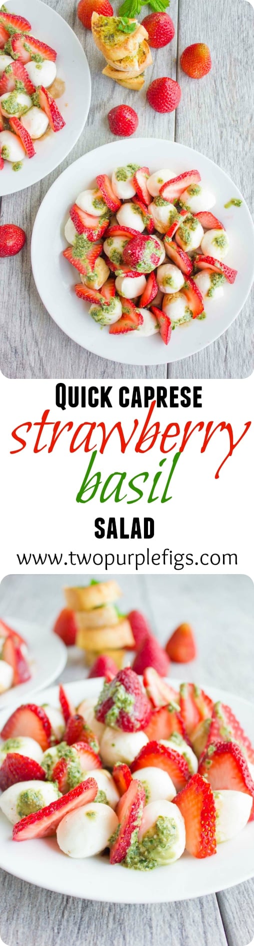 This easy Caprese Salad with fresh strawberries, creamy and mild mozzarella and homemade basil pesto is the perfect healthy summer salad to serve to a big crowd. Serve it as a salad or as skewers using toothpicks! #caprese, #appetizer, #summerrecipes, #partyfood