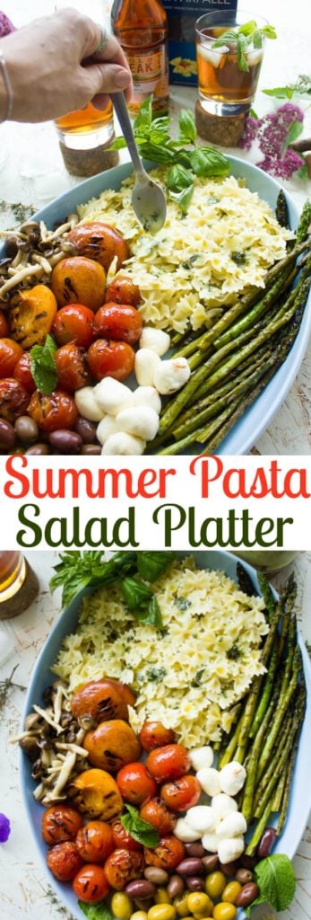 Summer Pasta Salad Platter with Sweet Tea Dressing | This Summer Pasta Salad with Sweet Tea Dressing is the perfect easy summer salad for big crowds. Perfectly cooked pasta, grilled veggies, fresh fruit and savory hard cheese drizzled with a fabulous Sweet Tea Dressing infused with fresh herbs, garlic and olive oil! | www.twopurplefigs.com | #healthy, #vegetarian, #salad, #simple, #vegetables,