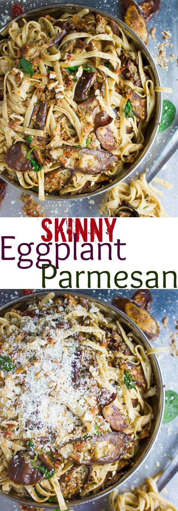 Skinny Eggplant Parmesan Pasta | Fans of Parmigiana will love this flavorful, light twist on an all-time favorite. The eggplant is roasted until tender, tossed with pasta and smothered with flavourful sun-dried tomato pesto. This lovely pasta dish is light, vegetarian and gluten-free.#vegetarian, #pasta, #Italian, #easydinner, #healthy, #parmigiana