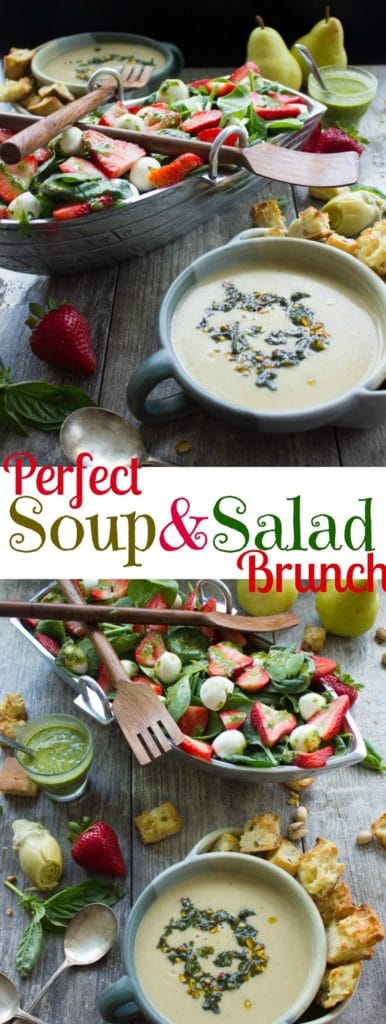 Strawberry Spinach Salad and Vegan Artichoke Soup | Try these easy spring dishes for Mother's Day or any festive brunch or lunch in spring | www.twopurplefigs.com | #easy, #brunch, #mothersday, #lunch, #vegan, #creamy, #healthy, #paleo, light