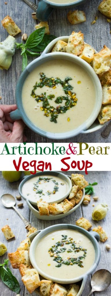 Vegan Artichoke Soup with Pears | a comforting creamy vegan soup served with a crunchy pistachio basil topping | www.twopurplefigs.com | #soup, #comfortfood, #vegan, #creamy, #easy, #homemade, #french, 