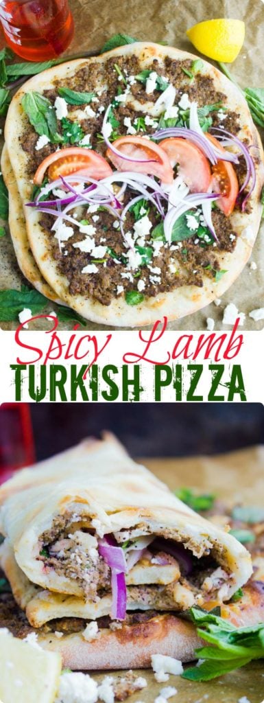 Turkish Pizza "Lahmacun" - try my easy recipe for homemade Turkish Pizza with seasoned beef or lamb, fresh herbs and crumbled cheese. Your whole family will love this simple Turkish street food recipe, which can be made with homemade or store-bought dough | www.twopurplefigs.com | #pizza, #turkish, #dough, #homemade, #lahmacun, #streetfood,