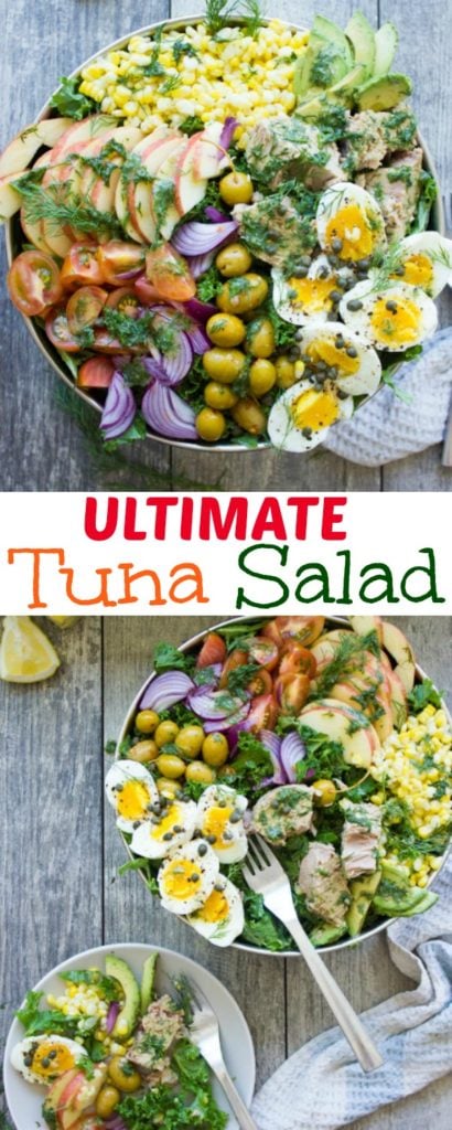 Ultimate Tuna Salad with Olive Dressing - an easy recipe for the best tuna salad you will ever eat - with fresh apples, olives, dill and boiled eggs. #easy, #salad, #tuna, #healthy, #eggs, #lowcarb, #best, #simple