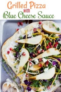 Veggie Pizza on the Grill | How to make Pizza on the Grill with premade or homemade crust and a healthy veggie topping. Serve this easy grilled pizza with a creamy blue cheese sauce | www.twopurplefigs.com| #easy, #pizza, #bbq, #homemade, #simple, #dough, 
