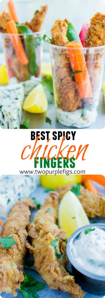 Best Spicy Chicken Fingers | an easy recipe for the best fried chicken fingers with crunchy crust and moist tender chicken | www.twopurplefigs.com | #chicken, #homemade, #fried, #crispy, #easy, #dinner, #breaded