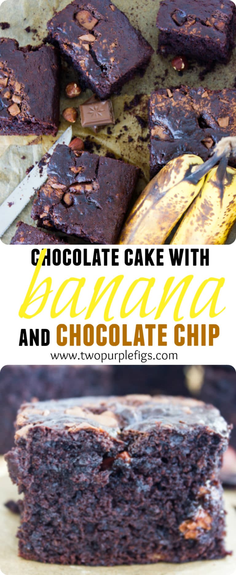 Chocolate Cake with Banana and Chocolate Chips | this easy loaf cake recipe is everything you dream about. Imagine a rich, moist, chocolate cake with a hint of banana flavor and lots of chocolatey bursts from the chocolate chips.| www.twopurplefigs.com | #easy, #cake, #dessert, #moist, #birthday, #simple