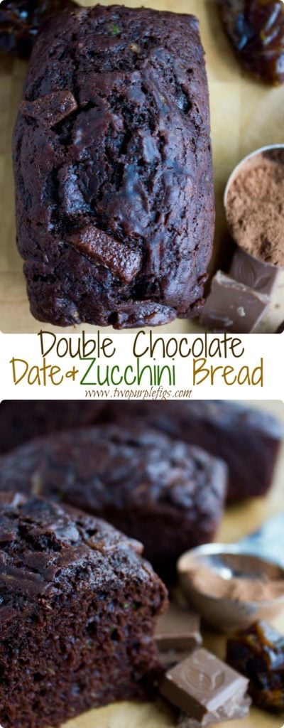 Double Chocolate Date Zucchini Bread | an easy healthy loaf cake with shredded zucchini for moisture and dates for sweetness | www.twopurplefigs.com | #healthy, #easy, #loaf, #bread, #moist