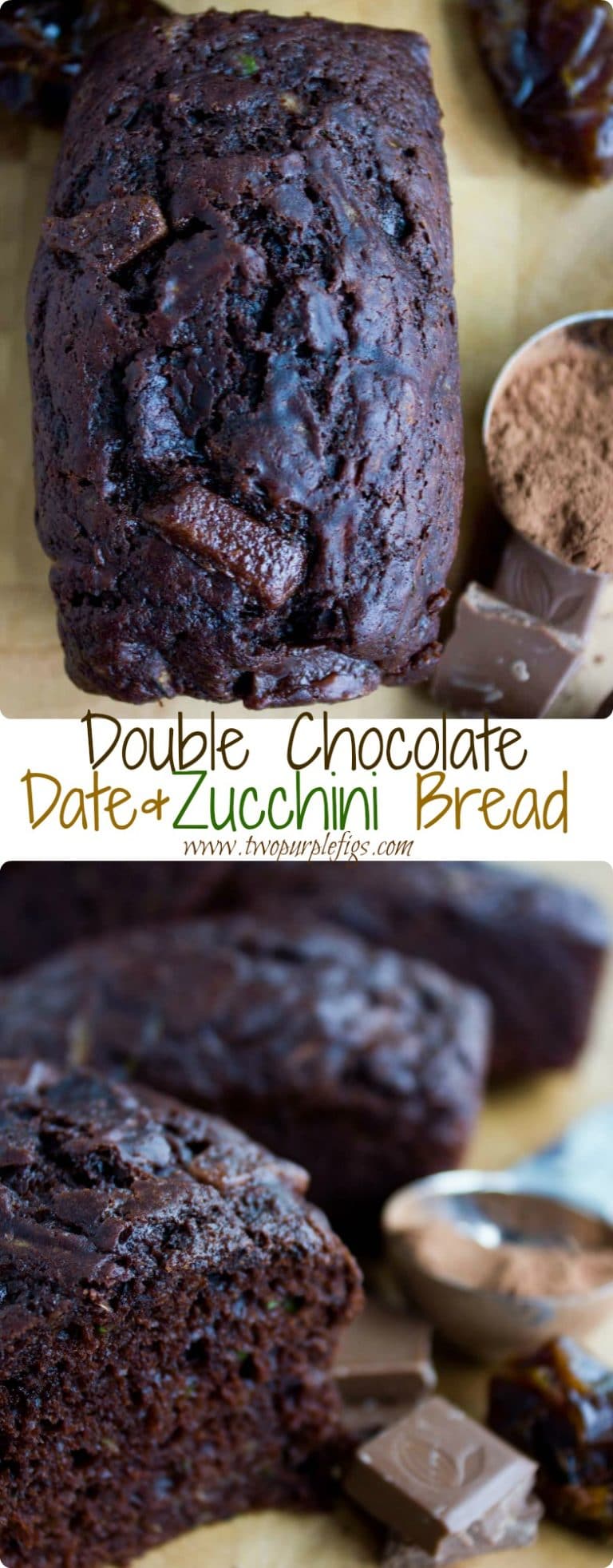 This Double Chocolate Date Zucchini Bread is moist, fluffy and chocolatey and has all the qualities of an amazing loaf cake! No one will guess that the secret ingredient for this decadent moist chocolate loaf cake is shredded zucchini! #zucchinibread, #healthybaking, #zucchinirecipes, #loafcake