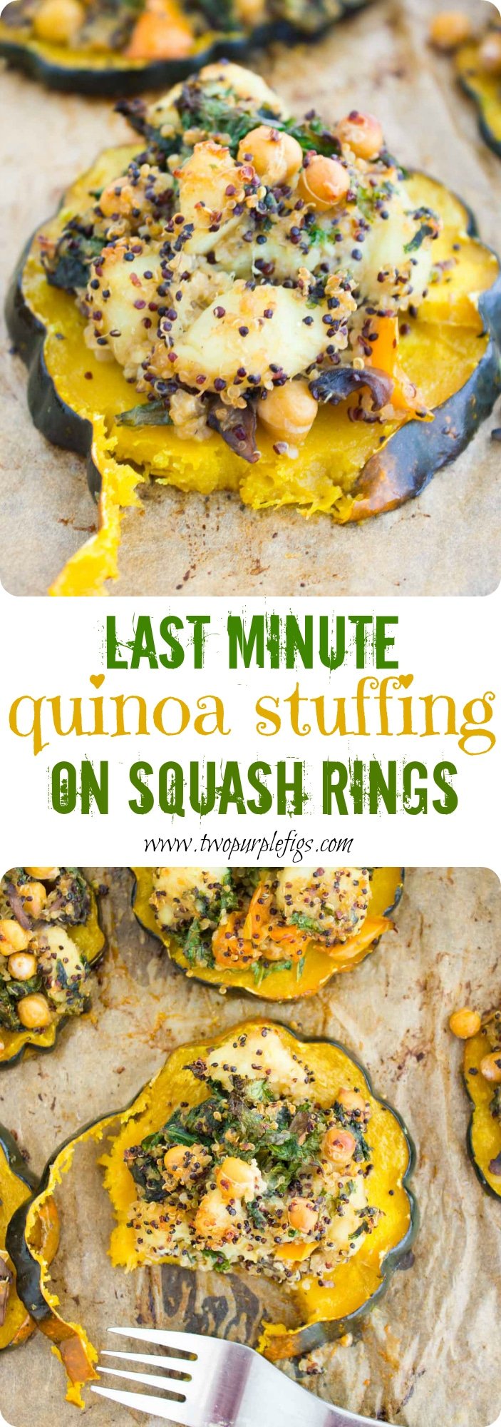 Last Minute Quinoa Kale Stuffing Topped Squash Rings | These pretty acorn squash rings topped with a vegetarian Quinoa Kale Stuffing are just about the prettiest Thanksgiving side dish you can imagine! The easy and healthy recipe is totally customizable and can be made vegan by leaving out the parmesan cheese. #thanksgiving, #holidays, #side, #acornsquash, #lastminuterecipe, #vegetarianrecipe