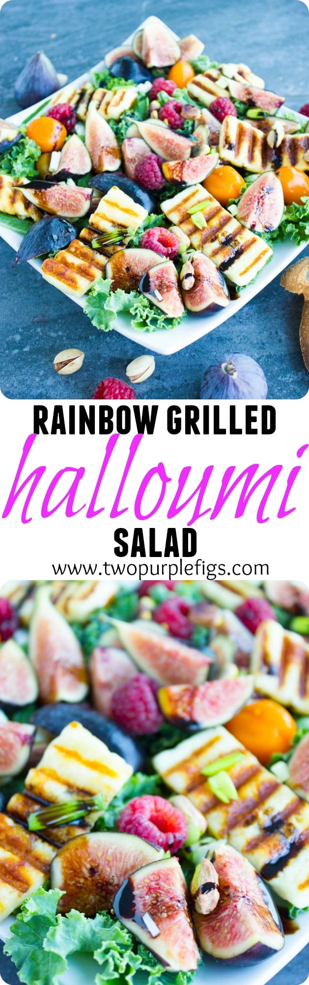 Try this Rainbow Power Grilled Halloumi Salad recipe! Drizzled with fig balsamic reduction this gourmet salad is sophisticated enough to impress, yet simple, fresh and healthy enough for you to whip up and enjoy any day of the week! #halloumirecipes, #saladrecipes, #healthysalad, #summerrecipes