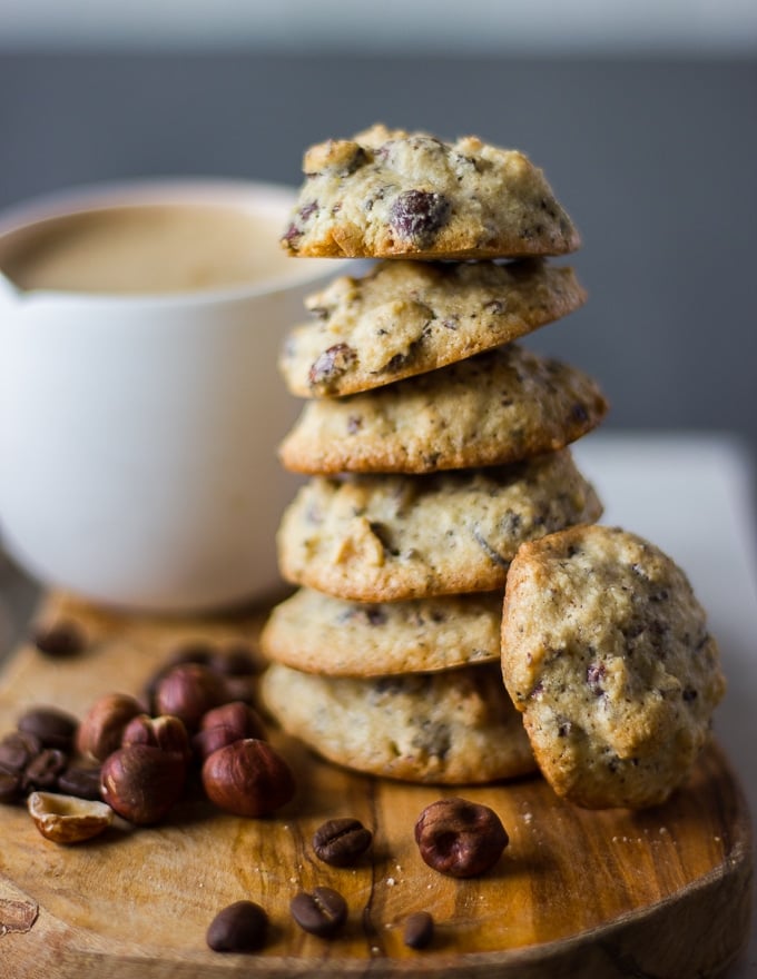 stacks of the chewy coffee cookies recipe on a wooden board