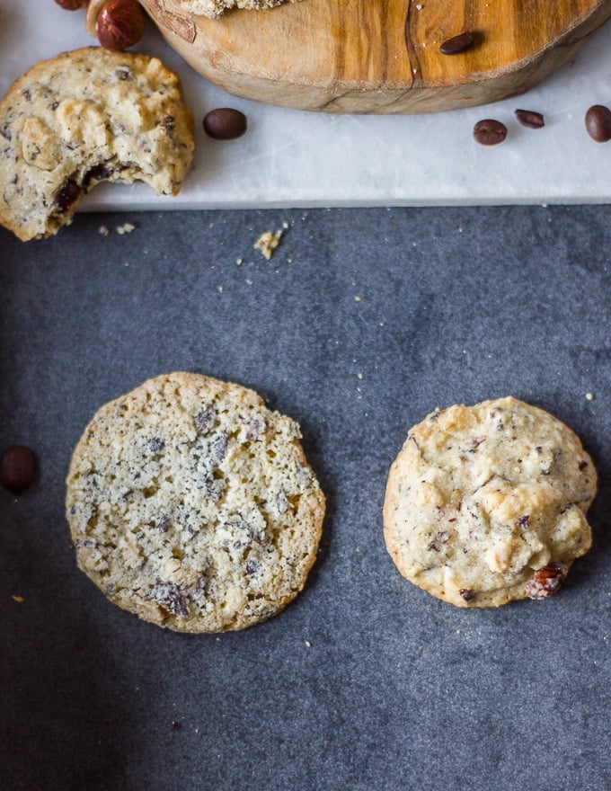 side by side comparison of both coffee cookie recipes --a thin crisp one and a chewy one