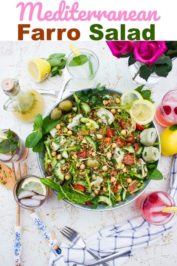 Mediterranean Farro Salad with Lemonade Dressing. This Mediterranean salad is as scrumptious as it sounds and as easy as can be! It’s the kind of salad you can have as a full meal or you can pair it with grilled meat or fish! #salad, #dressing, #chickpeas, #farro, #Italian, #vegetarian, #side,