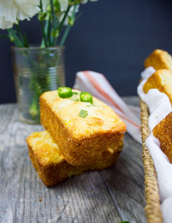 Close up showing one cornbread muffin stacked