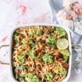 A large plate of broccoli pesto pasta with lemon slices as a garnish, some toasted pine nuts on top and parmesan cheese
