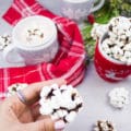 A hand Holding an OREO cookie balls coated in marshmallows up close, with two hot chocolate drinks at the back.