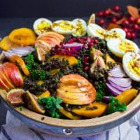 A side view showing the sliced persimmons and sliced apples over a massaged kale salad with spicy lentils