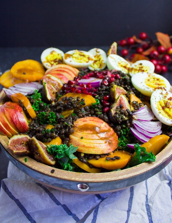 A side view showing the sliced persimmons and sliced apples over a massaged kale salad with spicy lentils