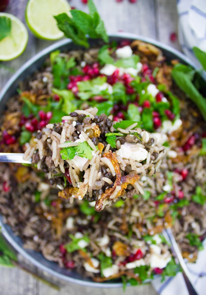 A spoon holding some mujadara cooked showing the detailed crispy onions, cooked rice and lentils with herbs and pomegranate arils on top