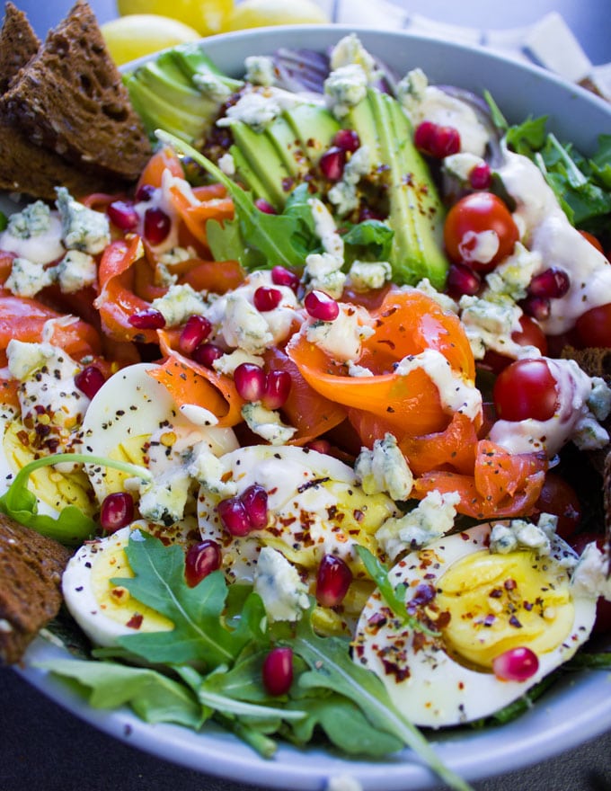 Close up showing ingredients only for a smoked salmon salad.