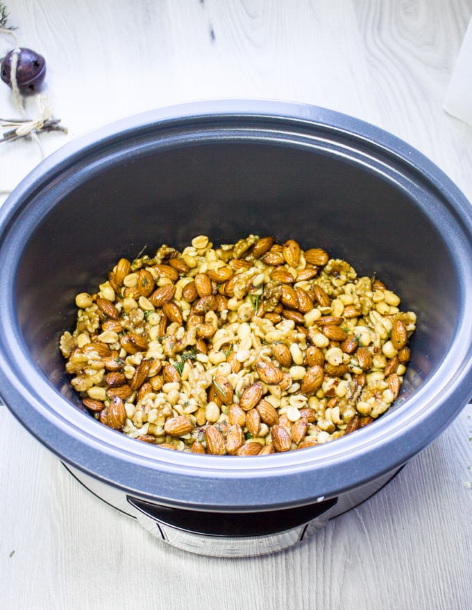 The mixed nuts ready in a crockpot