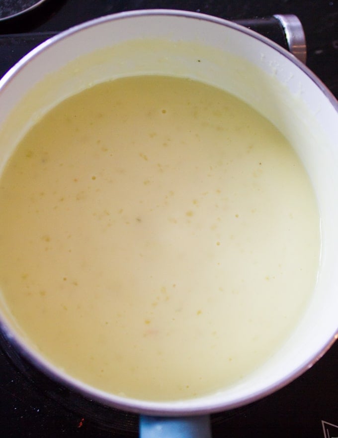 Cheese fondue ready in a pot