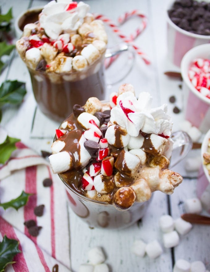 Close up of the hot chocolate with all toppings ready to serve