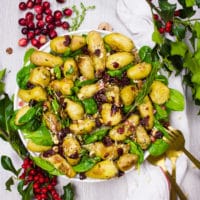 Plate of Potato Salad with spinach, cranberries and hazelnuts and two spoons