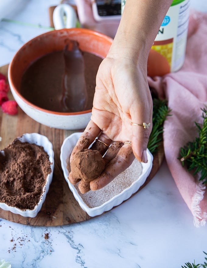 a hand holding a cocoa coated chocolate truffle flavored with espresso 