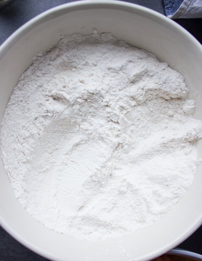 A bowl with the flour mixture for coating the chicken