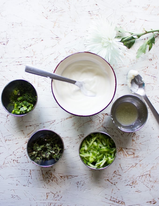 Ingredients for the Tzatziki Sauce: Yogurt, Shredded Cucumbers, Fresh herbs, Lemon juice, Garlic paste and salt